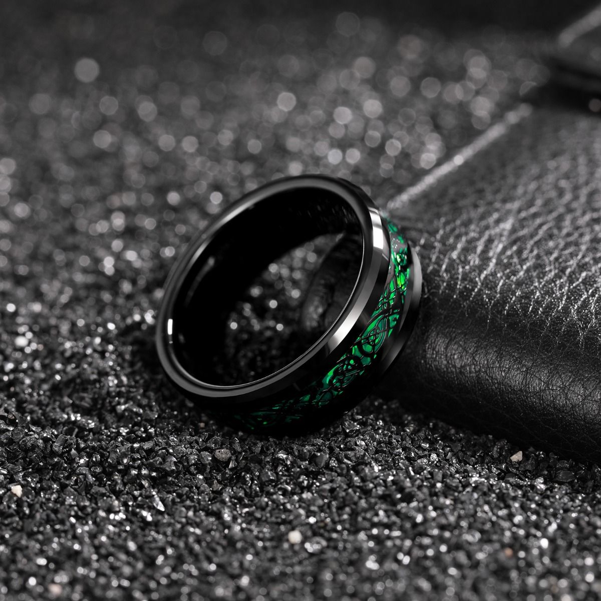 8mm Black Tungsten Carbide Ring Men Green Celtic Dragon Inlay Rings