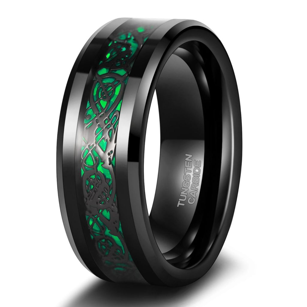 8mm Black Tungsten Carbide Ring Men Green Celtic Dragon Inlay Rings