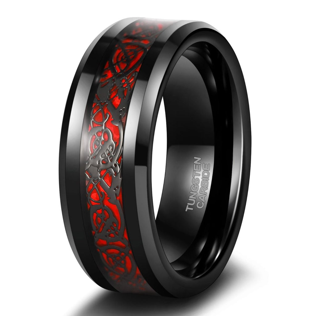 8mm Black Tungsten Carbide Ring Men Red Celtic Dragon Inlay Rings