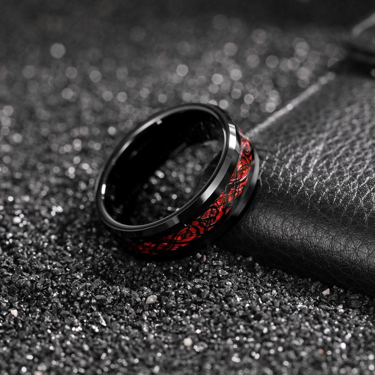 8mm Black Tungsten Carbide Ring Men Red Celtic Dragon Inlay Rings