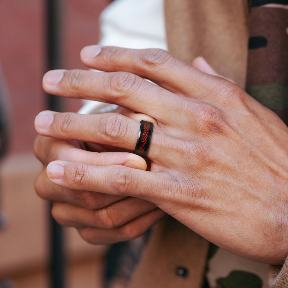 8mm Black Tungsten Carbide Ring Men Red Celtic Dragon Inlay Rings