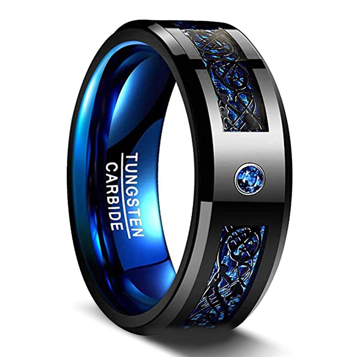 8mm Black Tungsten Carbide Rings Blue Celtic Dragon Inlay Men Women Wedding Bands