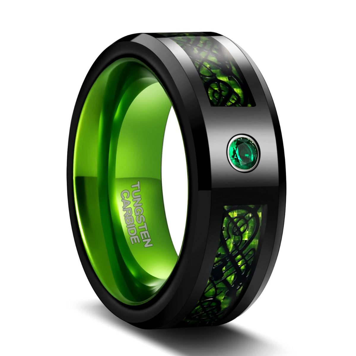 8mm Black Tungsten Carbide Rings Green Celtic Dragon Inlay Men Women Wedding Bands