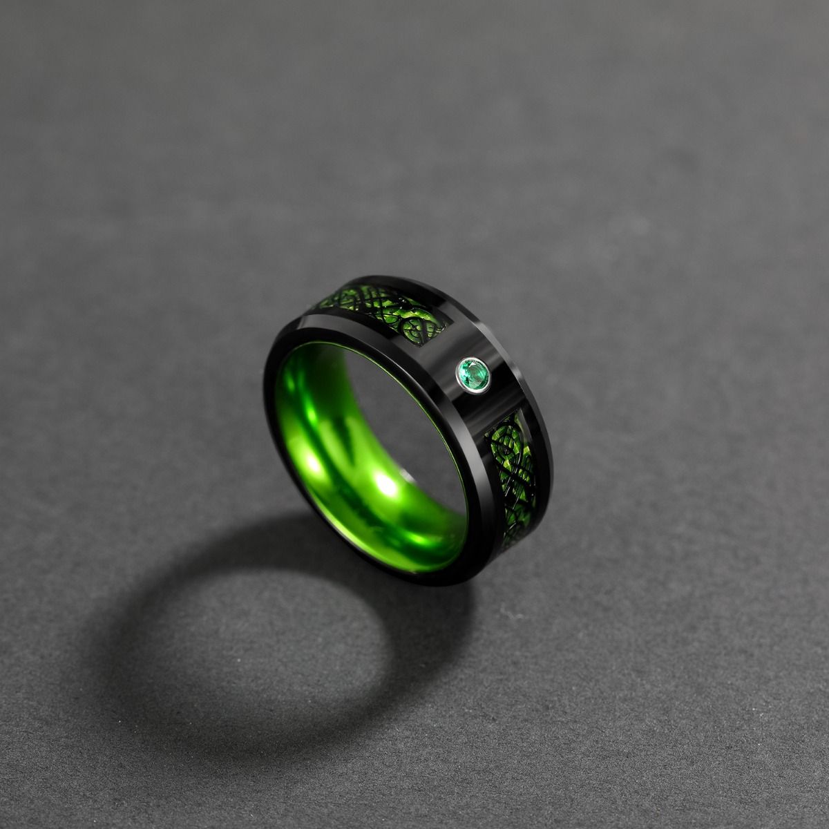 8mm Black Tungsten Carbide Rings Green Celtic Dragon Inlay Men Women Wedding Bands