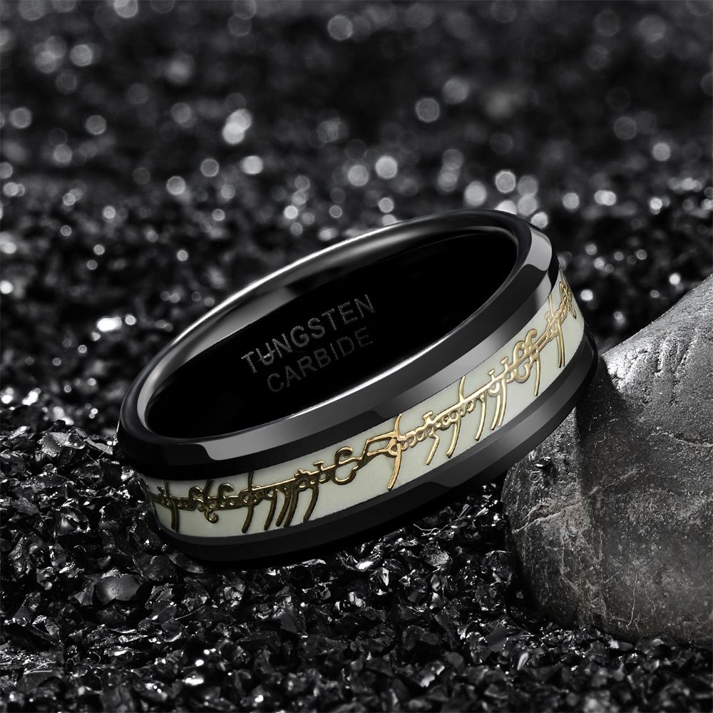 8mm Black Tungsten Carbide Rings Men Women Glow Design Lord of the Rings Wedding Band