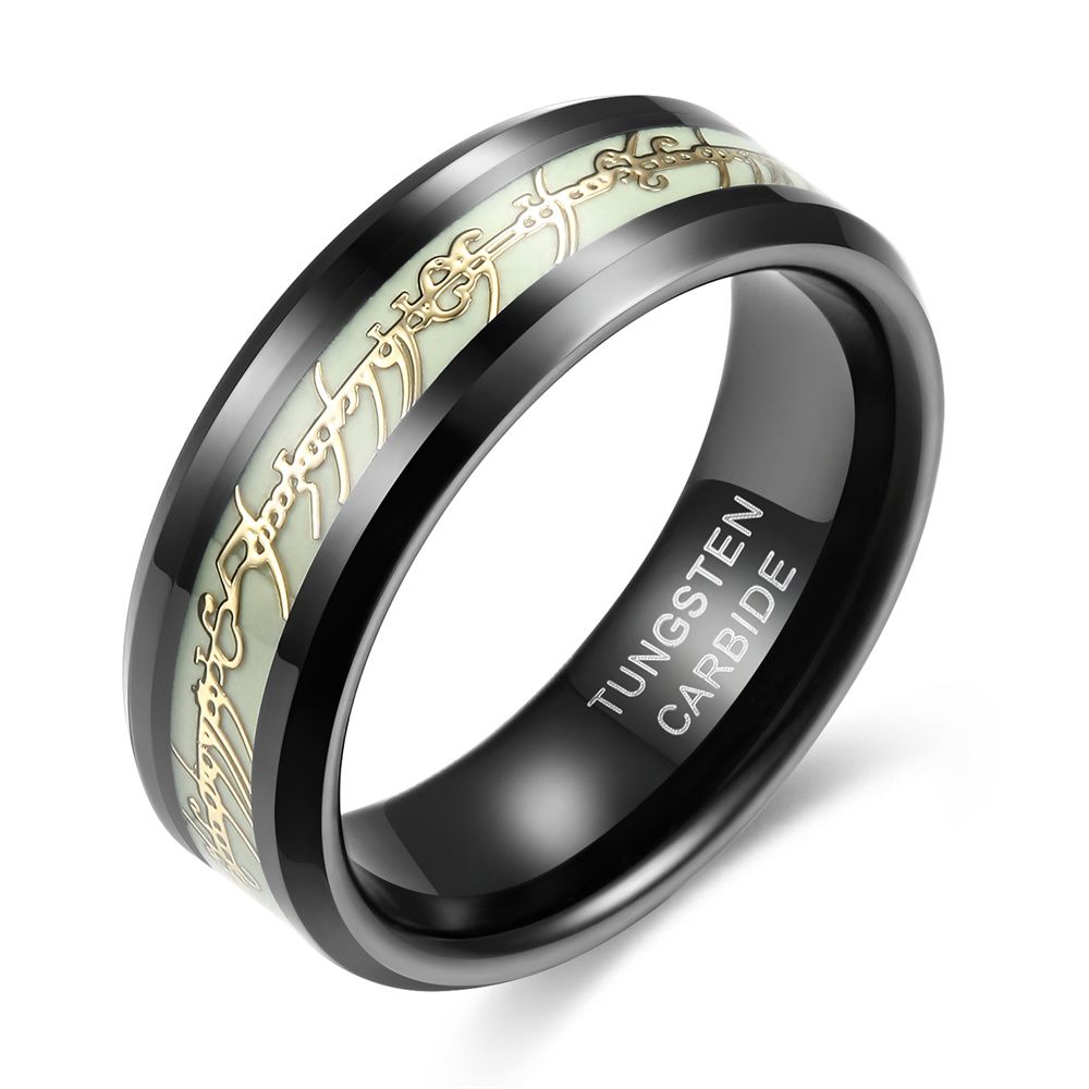 8mm Black Tungsten Carbide Rings Men Women Glow Design Lord of the Rings Wedding Band