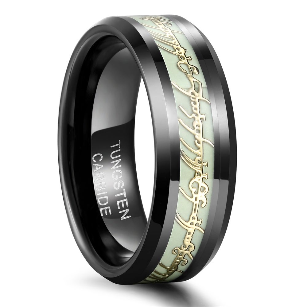 8mm Black Tungsten Carbide Rings Men Women Glow Design Lord of the Rings Wedding Band