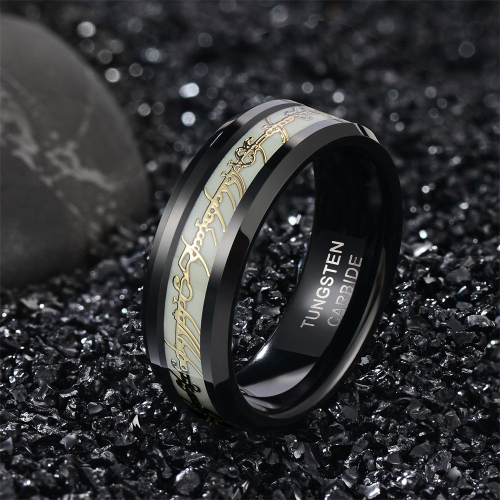 8mm Black Tungsten Carbide Rings Men Women Glow Design Lord of the Rings Wedding Band