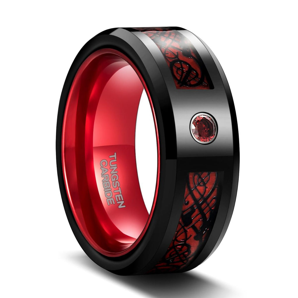8mm Black Tungsten Carbide Rings Red Celtic Dragon Inlay Men Women Wedding Bands