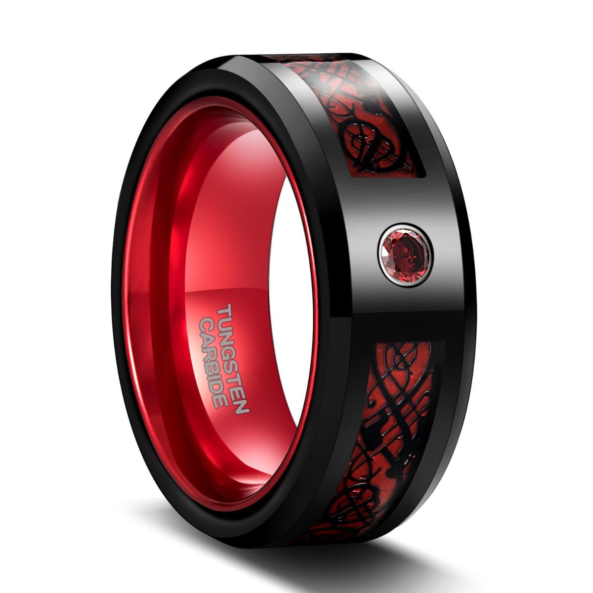 8mm Black Tungsten Carbide Rings Red Celtic Dragon Inlay Men Women Wedding Bands