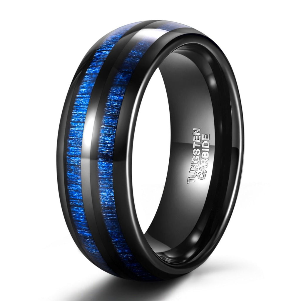 8mm Blue Maple Inlay Black Tungsten Carbide Ring Beveled Edges Men Women Wedding Bands Blue Stripe Ring