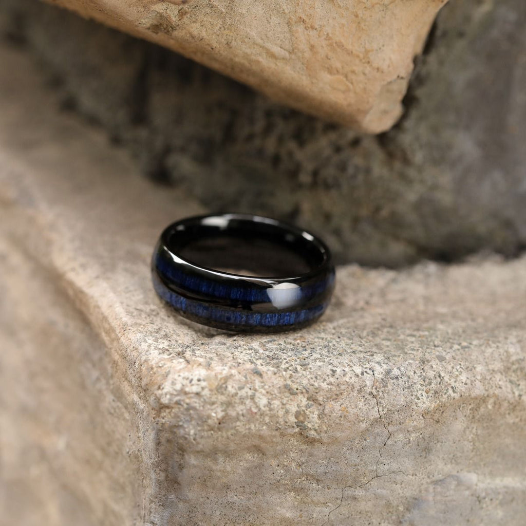 8mm Blue Maple Inlay Black Tungsten Carbide Ring Beveled Edges Men Women Wedding Bands Blue Stripe Ring