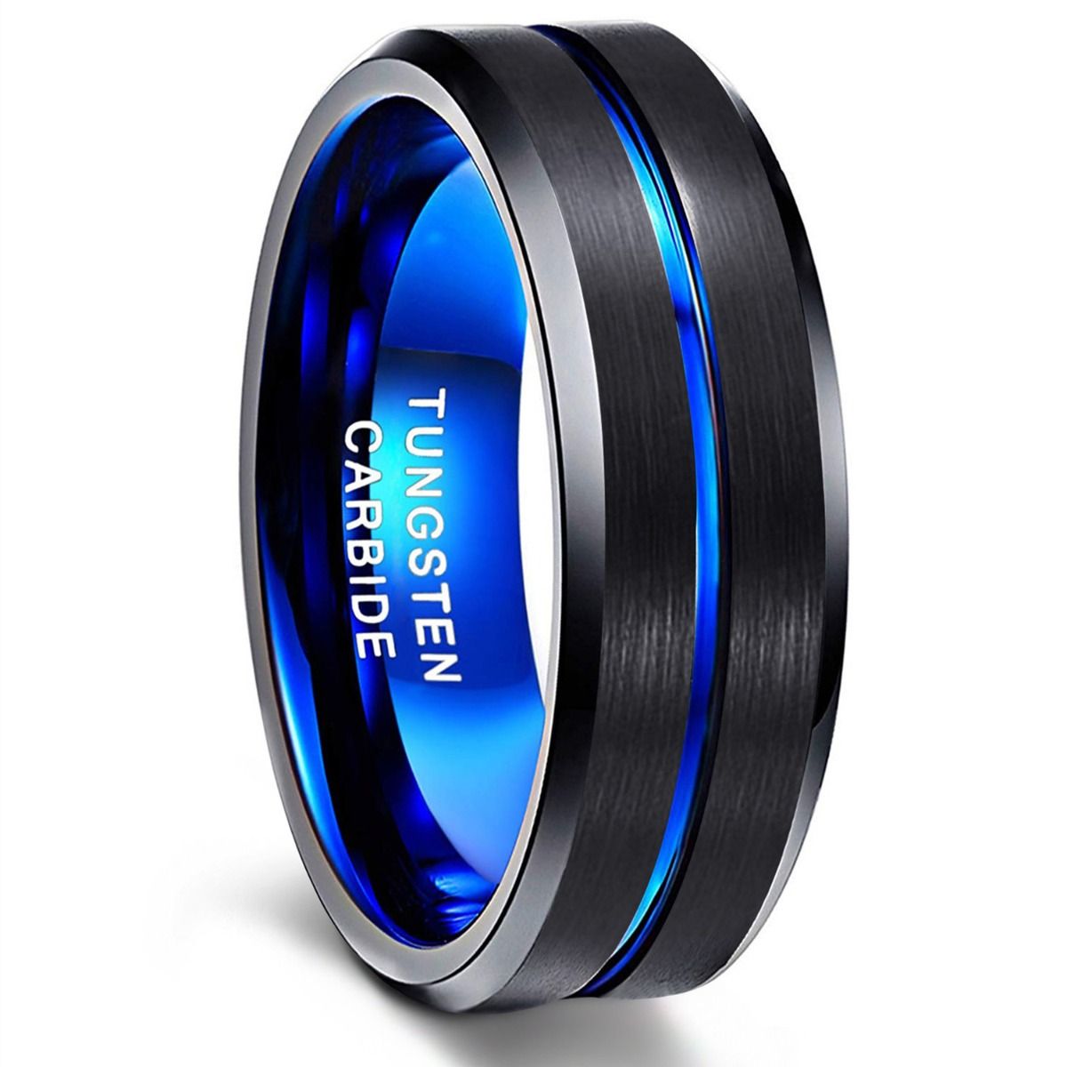 8mm Blue&Black Mens Tungsten Carbide Ring Blue Line Design Women Wedding Bands