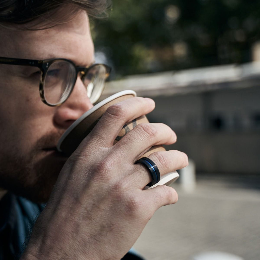 8mm Blue&Black Mens Tungsten Carbide Ring Blue Line Design Women Wedding Bands