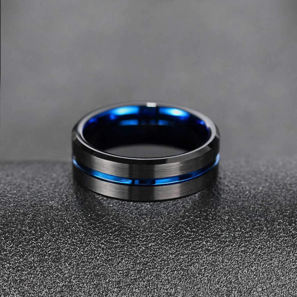 8mm Blue&Black Mens Tungsten Carbide Ring Blue Line Design Women Wedding Bands