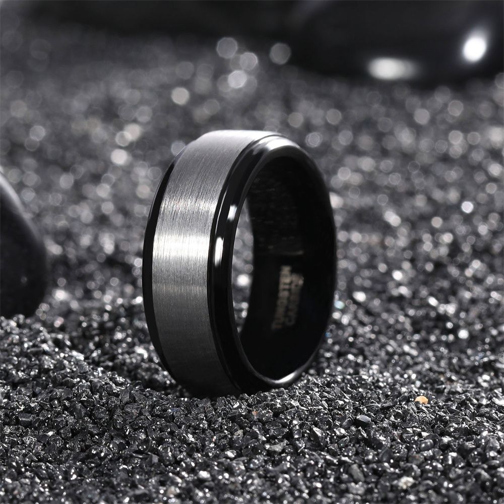 8mm Brushed Tungsten Carbide Rings Black Gold Plated Men's Wedding Bands