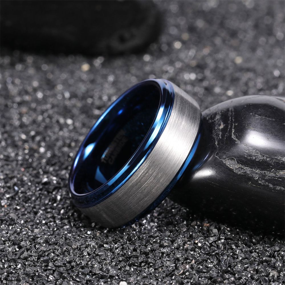 8mm Brushed Tungsten Carbide Rings Blue Inner Ring Men's Wedding Bands