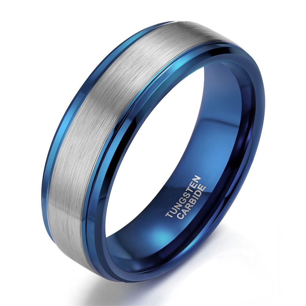 8mm Brushed Tungsten Carbide Rings Blue Inner Ring Men's Wedding Bands