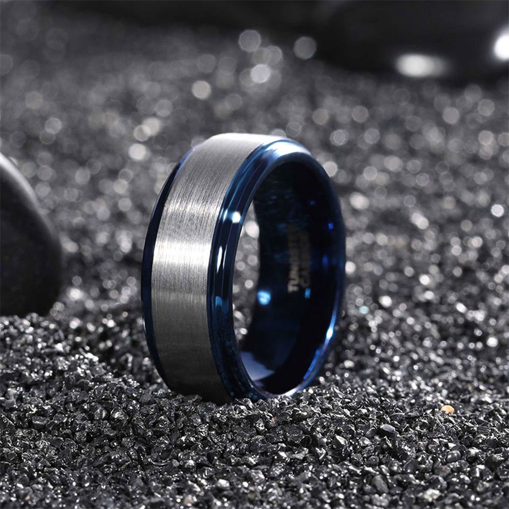 8mm Brushed Tungsten Carbide Rings Blue Inner Ring Men's Wedding Bands