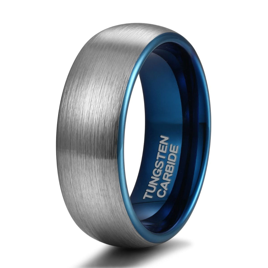 8mm Dark Silver Tungsten Carbide Ring Men Dome Brushed Wedding Bands Blue Inner Ring