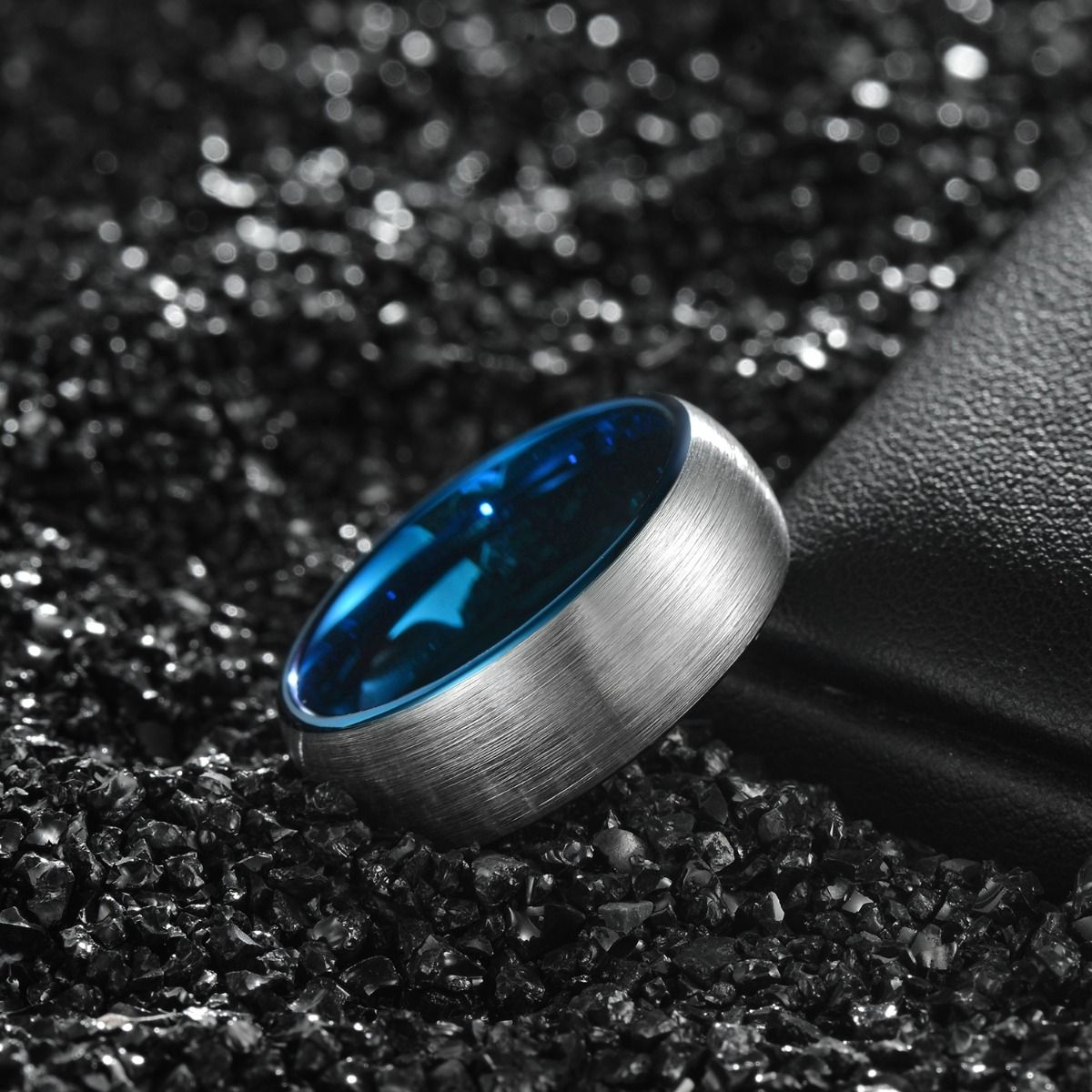 8mm Dark Silver Tungsten Carbide Ring Men Dome Brushed Wedding Bands Blue Inner Ring