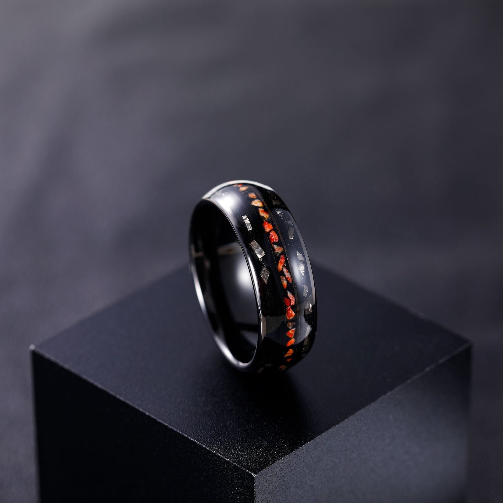 8mm Dinosaur Bone Dual Channel Black Sand Metal Slag Black Tungsten Ring