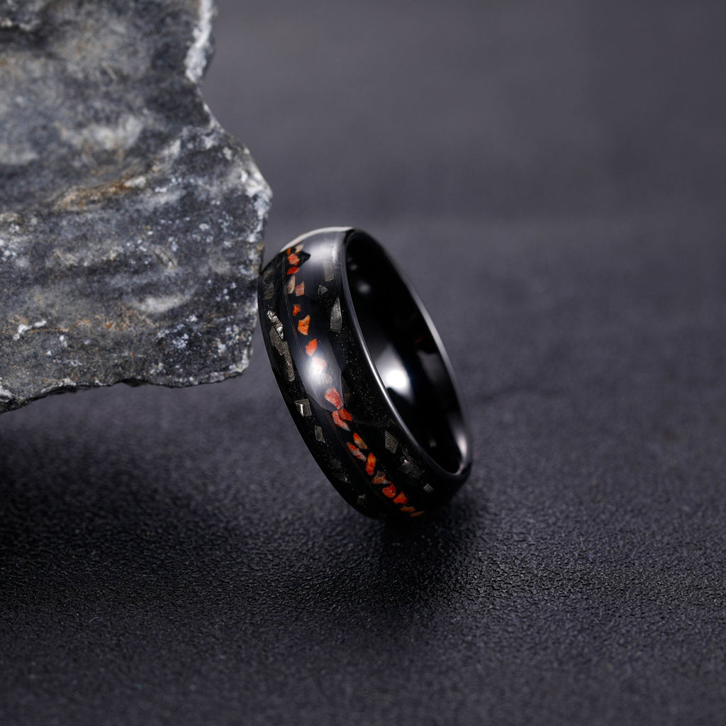 8mm Dinosaur Bone Dual Channel Black Sand Metal Slag Black Tungsten Ring