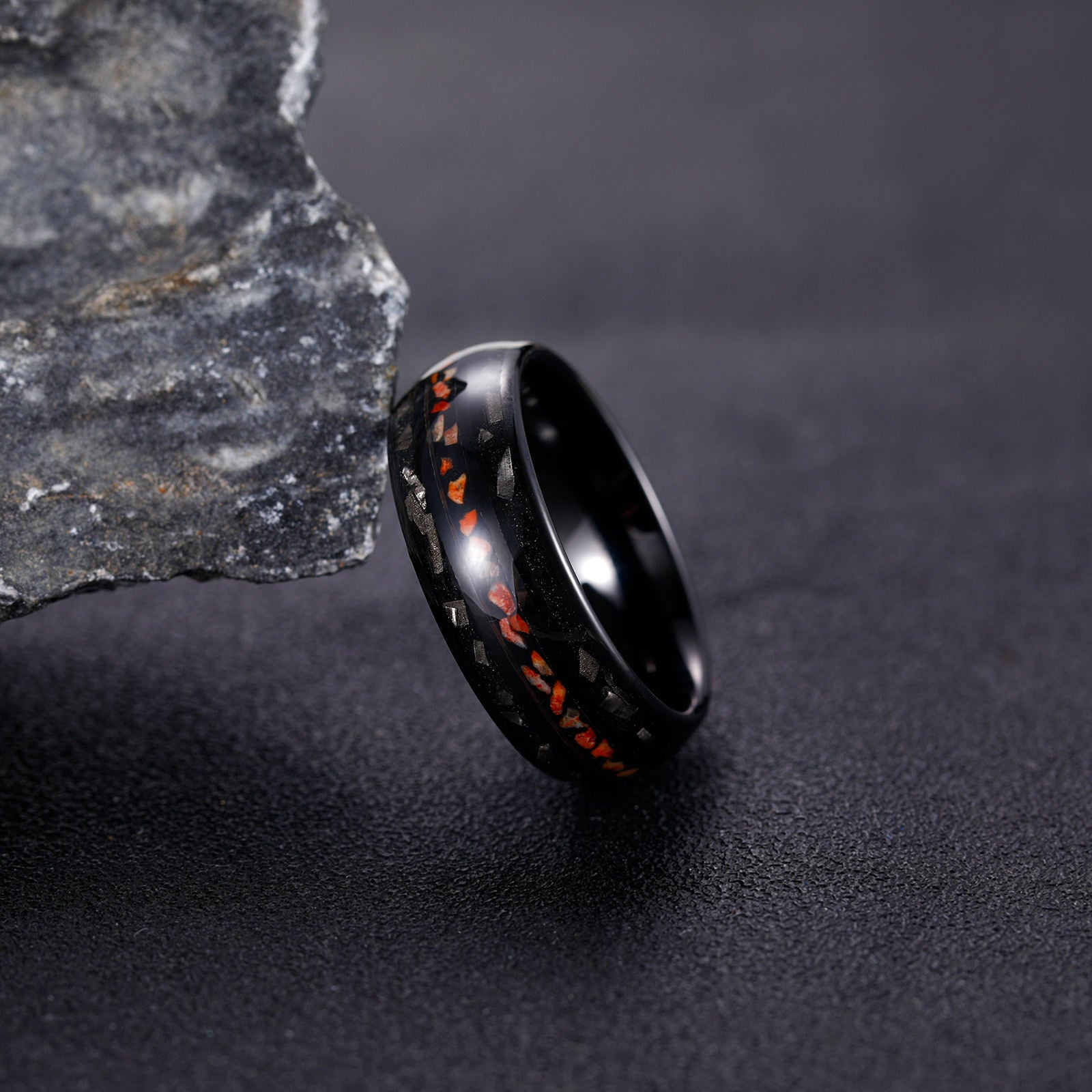 8mm Dinosaur Bone Dual Channel Black Sand Metal Slag Black Tungsten Ring