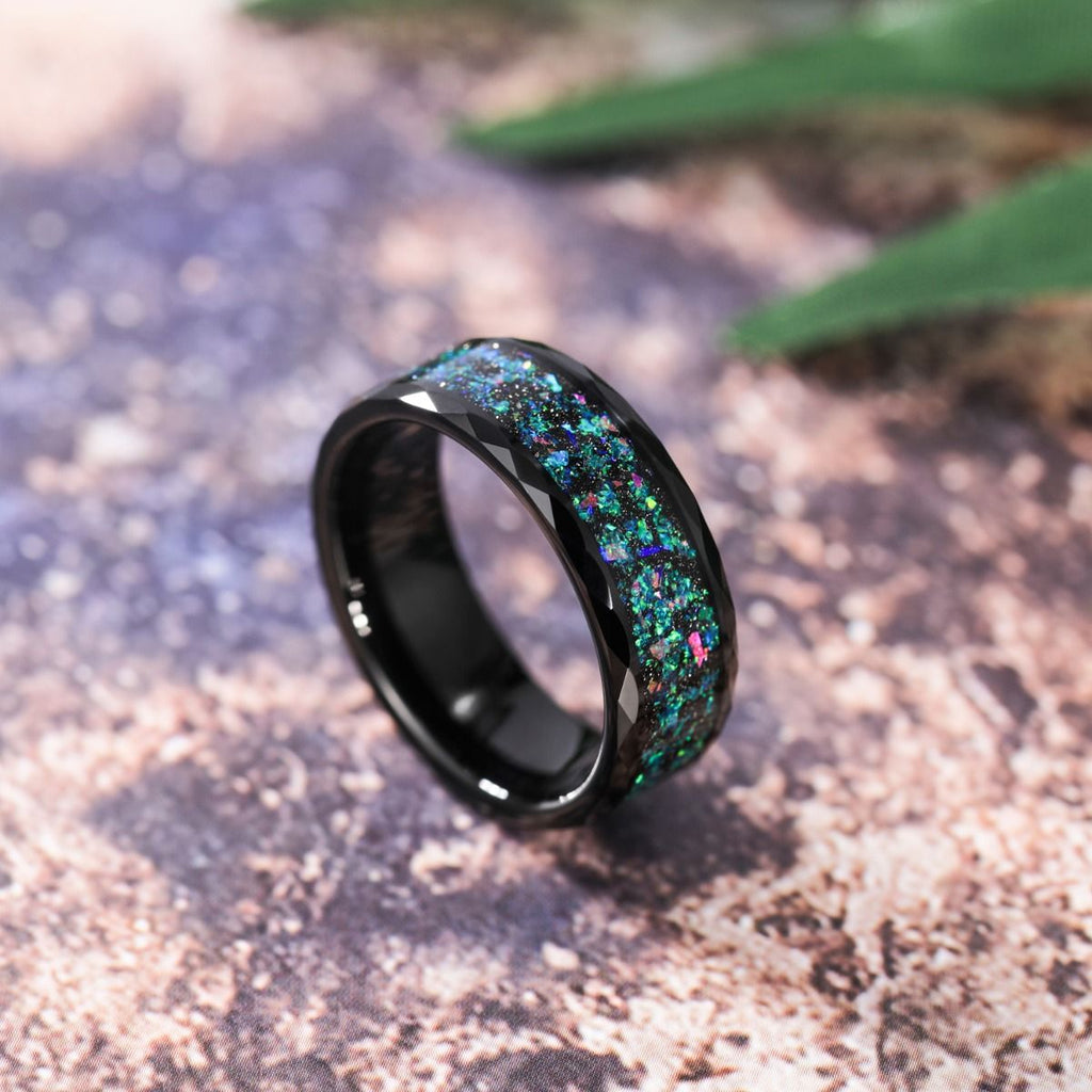8mm Dome Polished With Multi-Colors Opal Inlay Tungsten Ring Women Men Black Tungsten Opal Ring