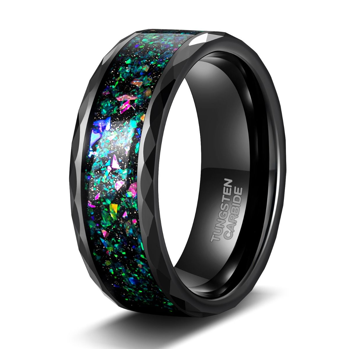 8mm Dome Polished With Multi-Colors Opal Inlay Tungsten Ring Women Men Black Tungsten Opal Ring