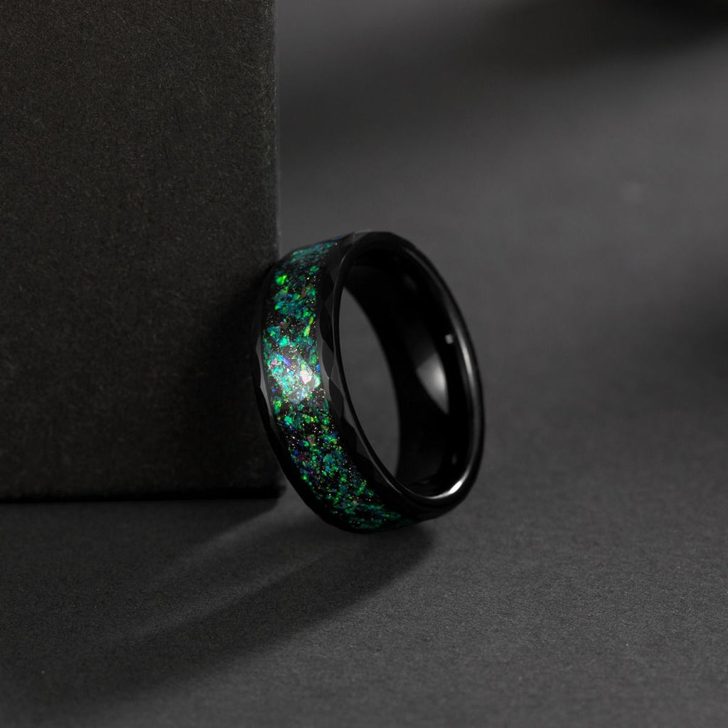 8mm Dome Polished With Multi-Colors Opal Inlay Tungsten Ring Women Men Black Tungsten Opal Ring
