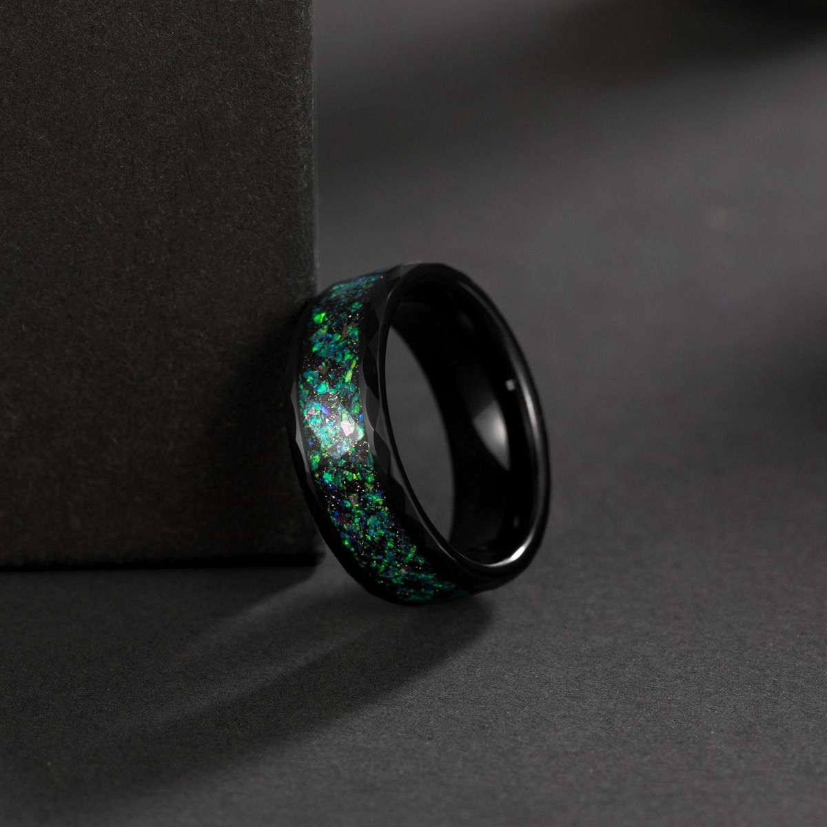 8mm Dome Polished With Multi-Colors Opal Inlay Tungsten Ring Women Men Black Tungsten Opal Ring