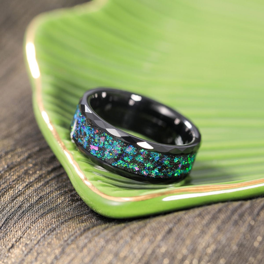 8mm Dome Polished With Multi-Colors Opal Inlay Tungsten Ring Women Men Black Tungsten Opal Ring