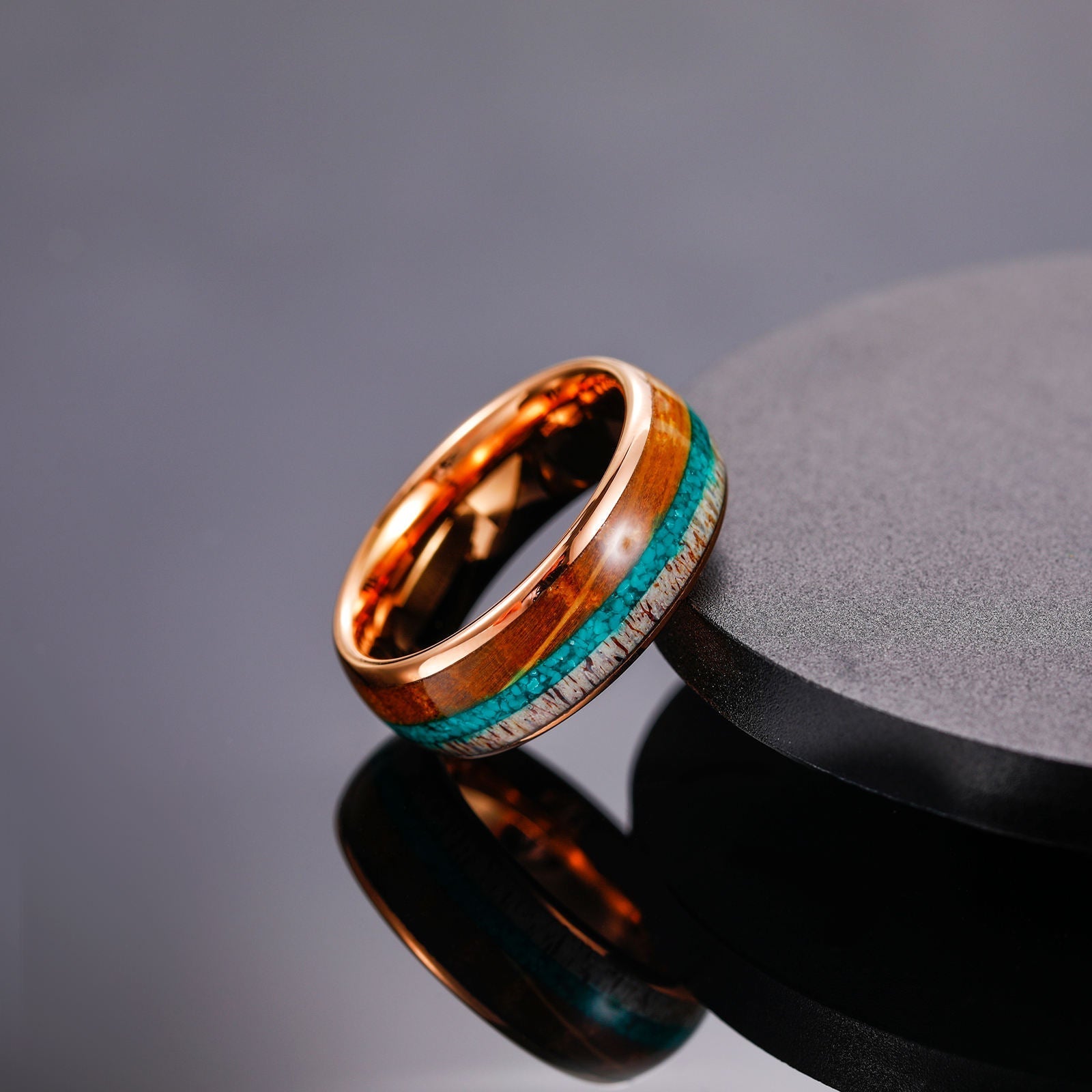 8mm Domed Antler Whisky Barrel Wood Malachite Inlay Tungsten Carbide Rings