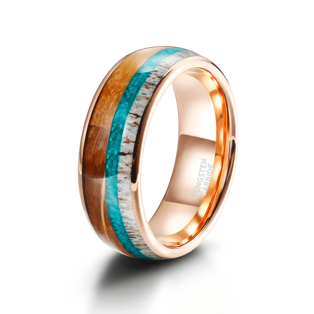 8mm Domed Antler Whisky Barrel Wood Malachite Inlay Tungsten Carbide Rings
