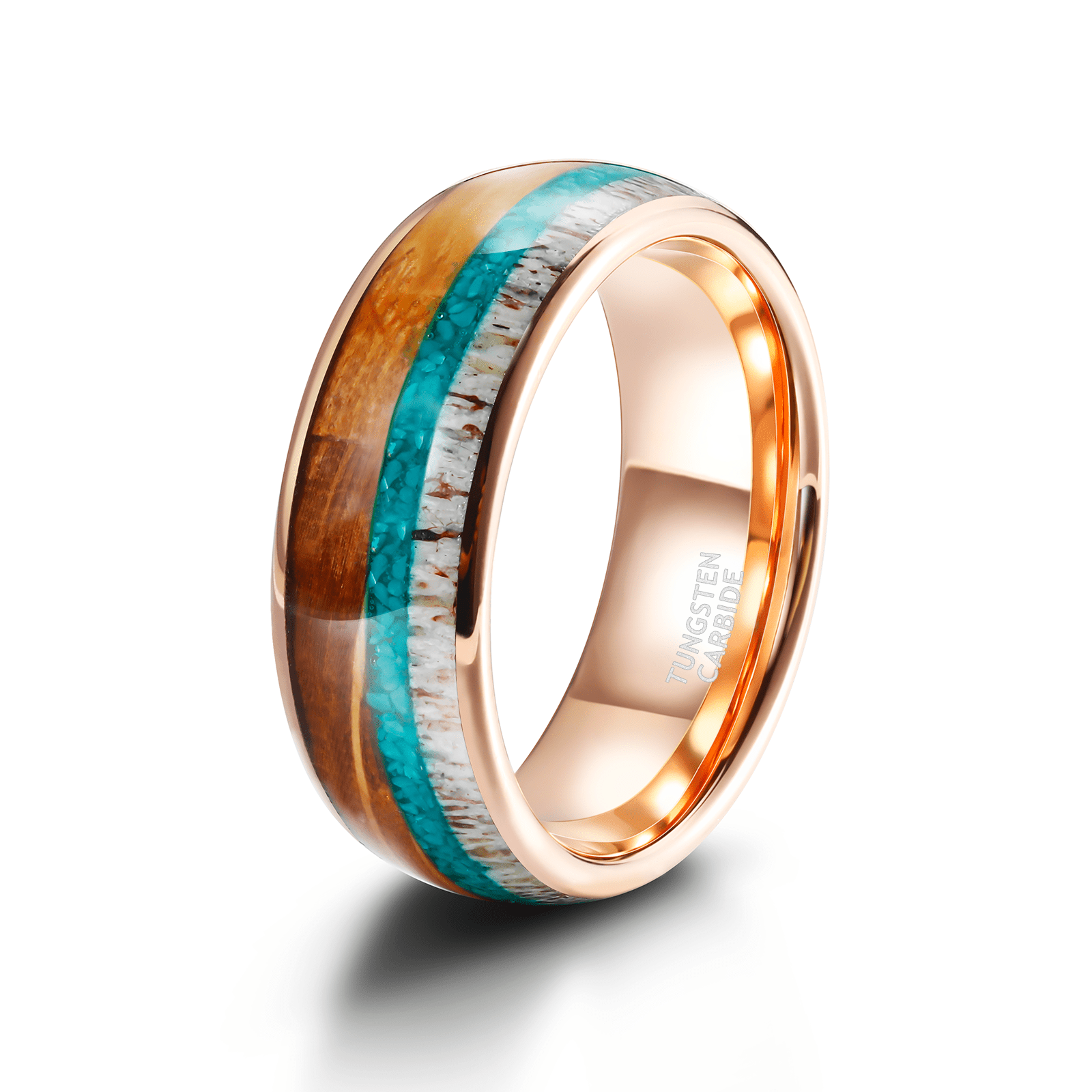 8mm Domed Antler Whisky Barrel Wood Malachite Inlay Tungsten Carbide Rings