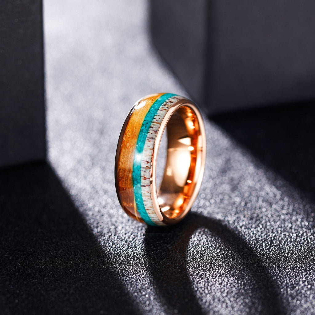 8mm Domed Antler Whisky Barrel Wood Malachite Inlay Tungsten Carbide Rings