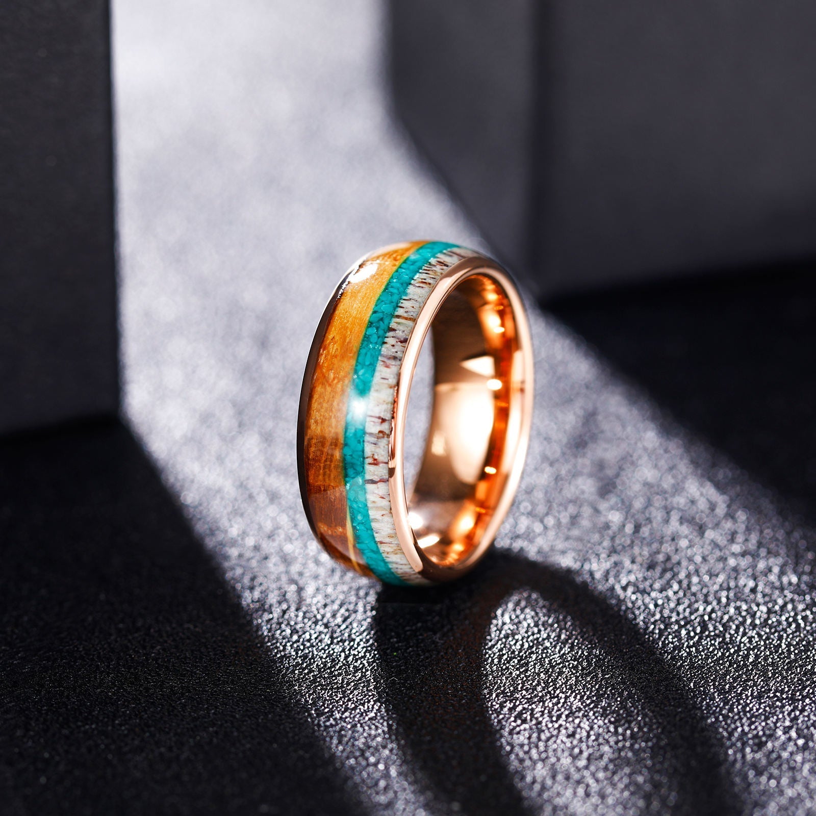 8mm Domed Antler Whisky Barrel Wood Malachite Inlay Tungsten Carbide Rings