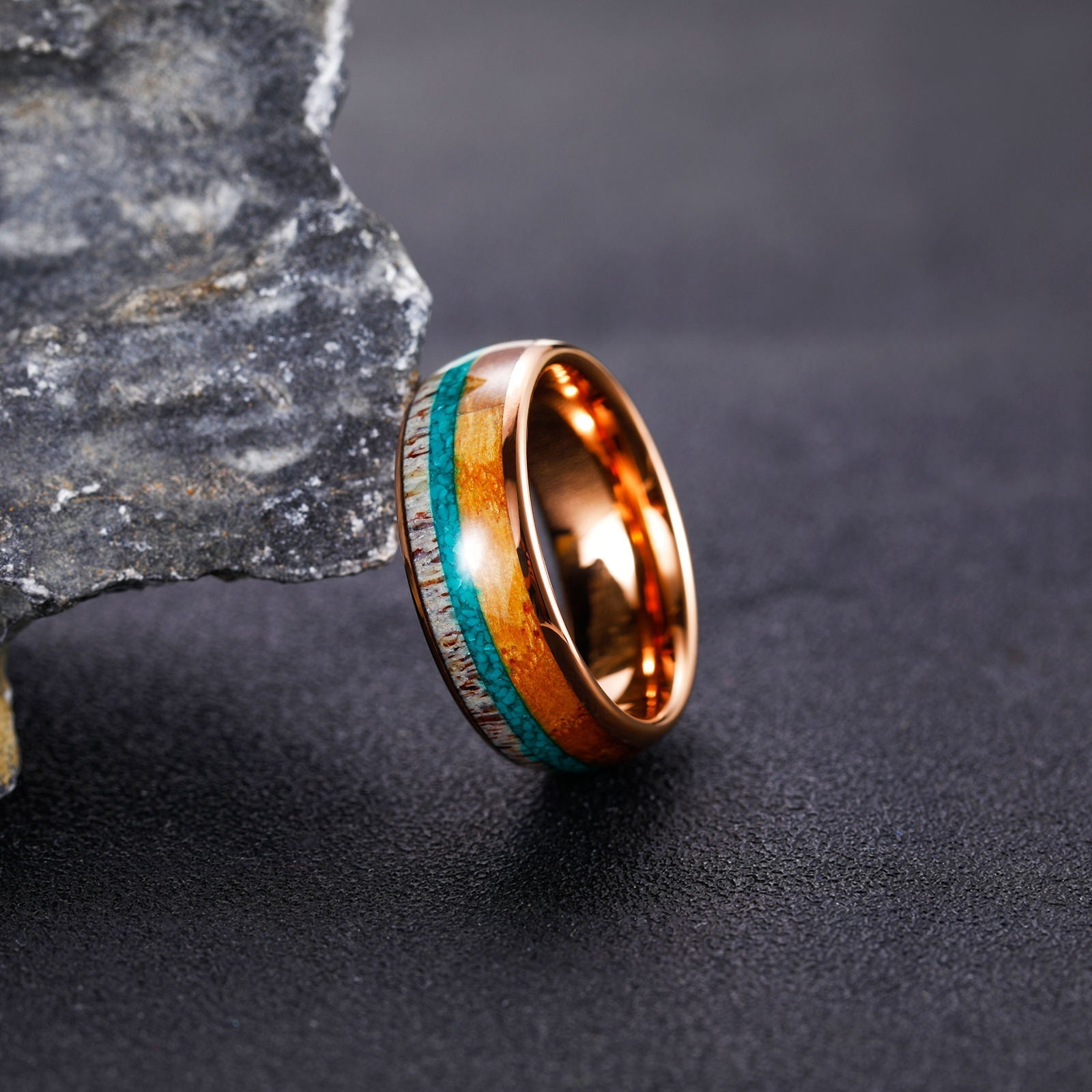 8mm Domed Antler Whisky Barrel Wood Malachite Inlay Tungsten Carbide Rings