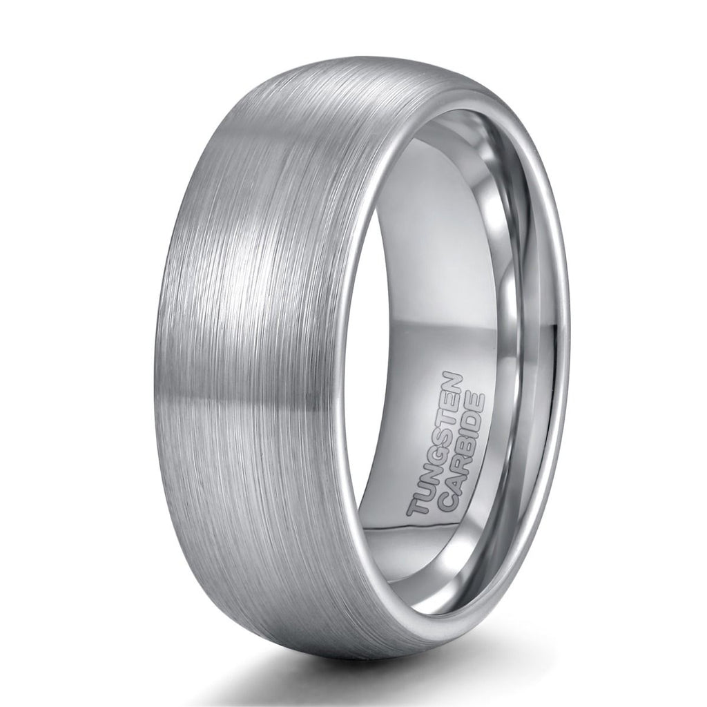 8mm Domed Tungsten Carbide Ring Men Silver Color Brushed Wedding Bands