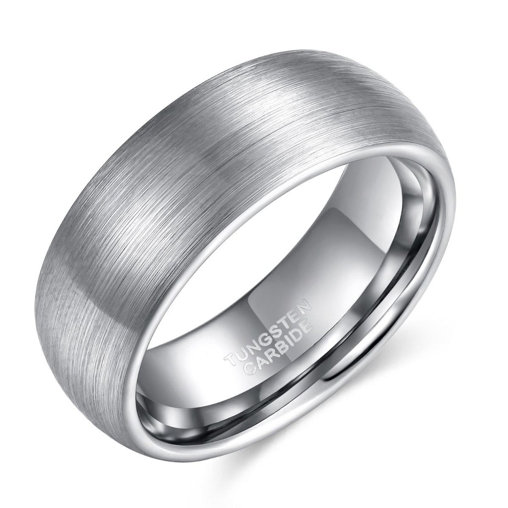8mm Domed Tungsten Carbide Ring Men Silver Color Brushed Wedding Bands
