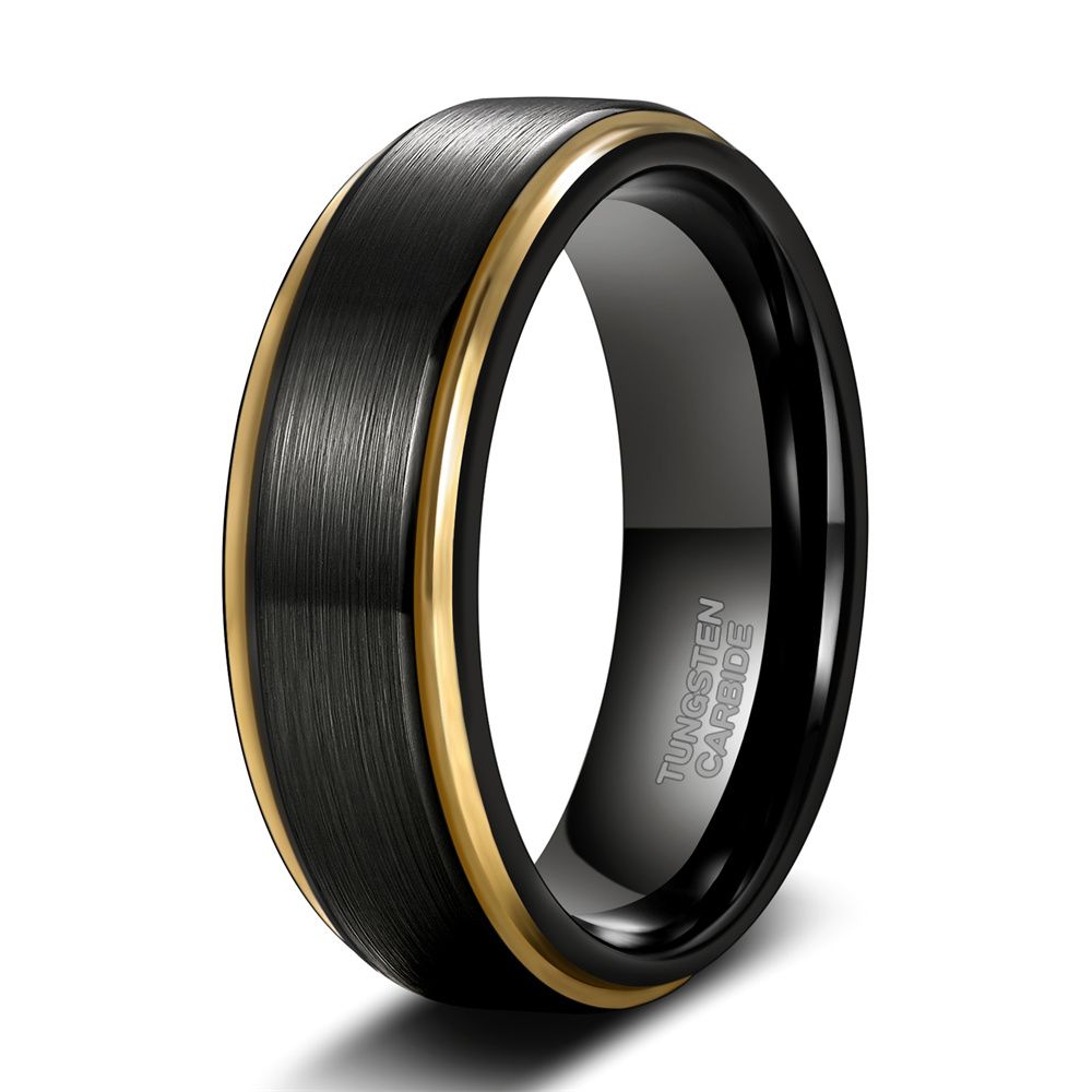 8mm Gold Edge Tungsten Rings Black Brushed Engagement Wedding Bands
