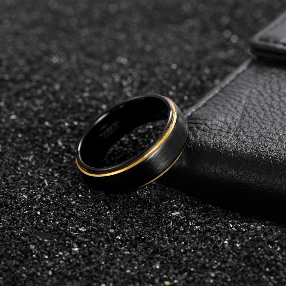 8mm Gold Edge Tungsten Rings Black Brushed Engagement Wedding Bands