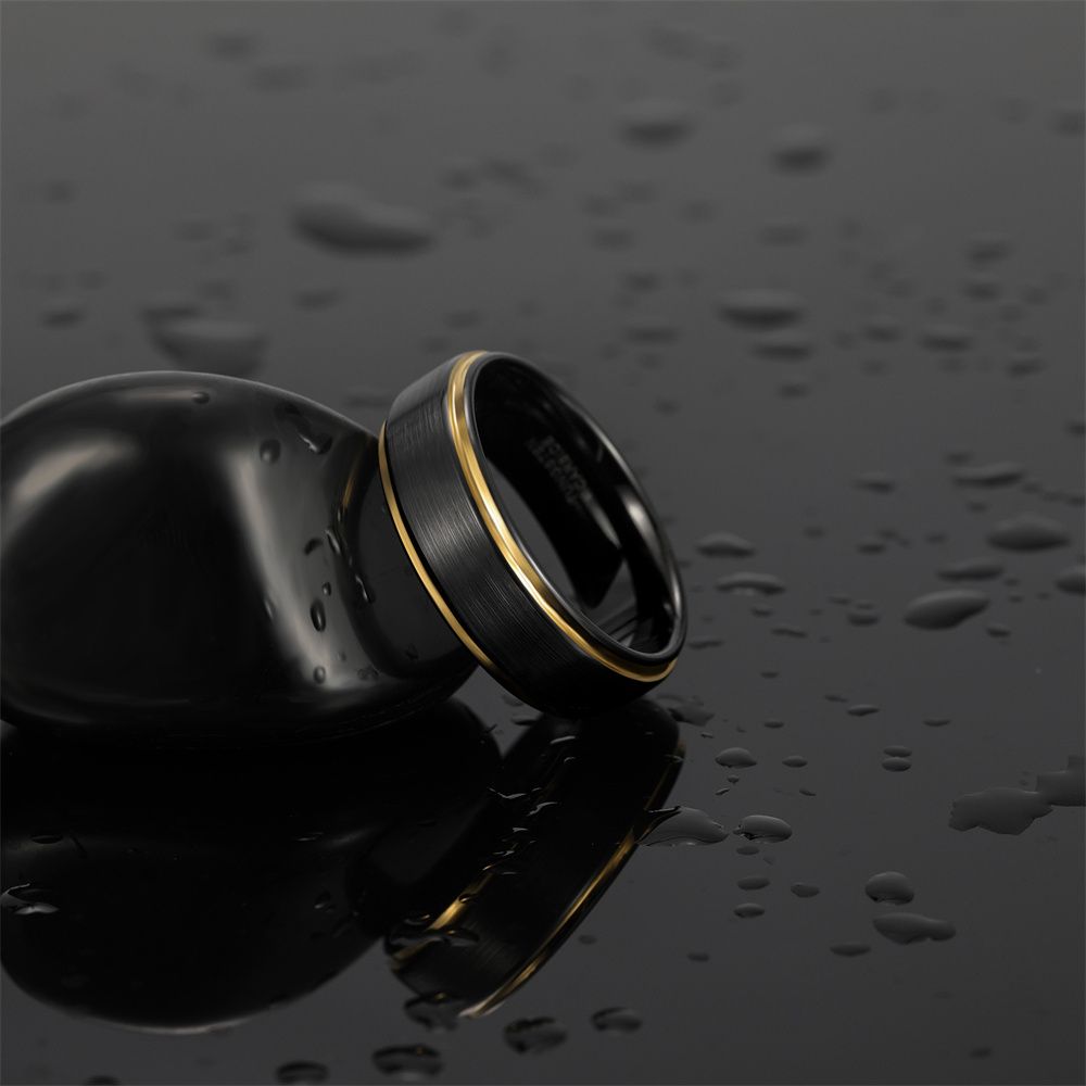 8mm Gold Edge Tungsten Rings Black Brushed Engagement Wedding Bands