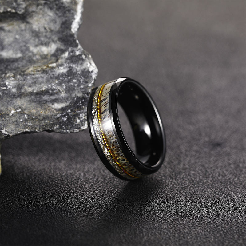 8mm Hammered Black Tungsten Rings with Gold Guitar String Antler and Silver Silk Inlay