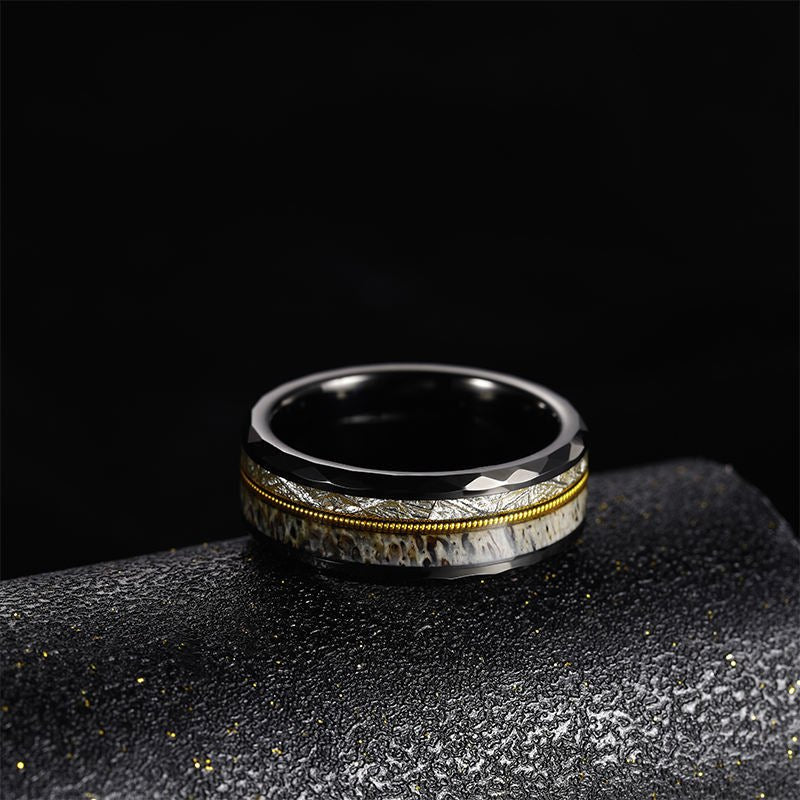 8mm Hammered Black Tungsten Rings with Gold Guitar String Antler and Silver Silk Inlay