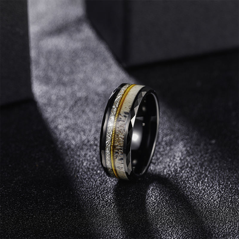 8mm Hammered Black Tungsten Rings with Gold Guitar String Antler and Silver Silk Inlay