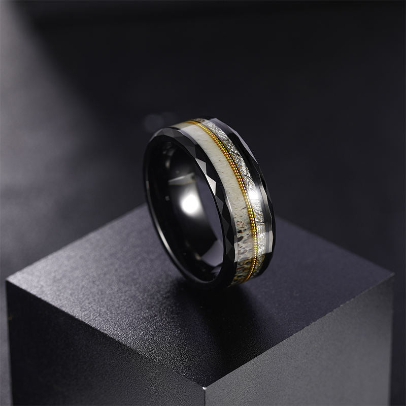 8mm Hammered Black Tungsten Rings with Gold Guitar String Antler and Silver Silk Inlay