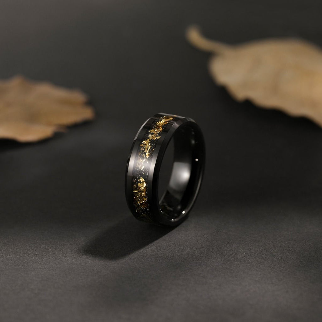 8mm Men Black Tungsten Carbide Ring Black And Gold Foils Inlay Beveled Ring
