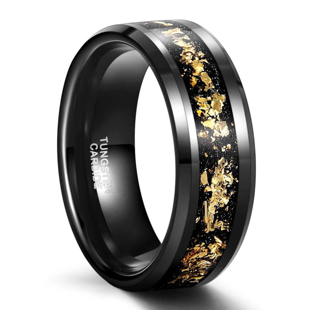 8mm Men Black Tungsten Carbide Ring Black And Gold Foils Inlay Beveled Ring